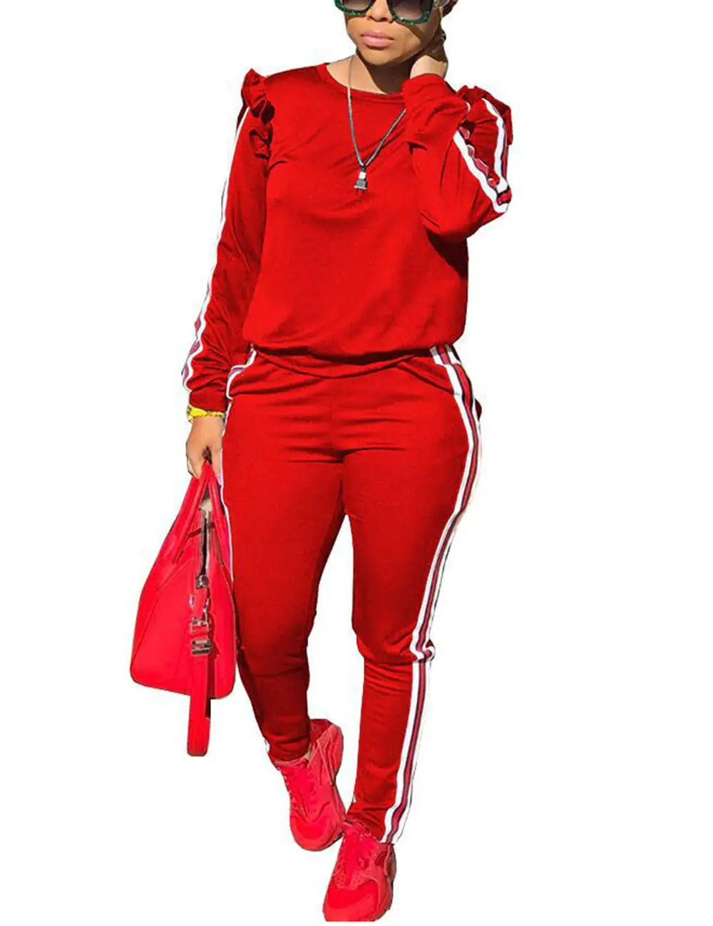 Akmipoem 2 Piece Winter Outfits for Women Ruffle Sleeve Pullover and Sweat Pants Sweatsuits Set Tracksuits Red 3XL
