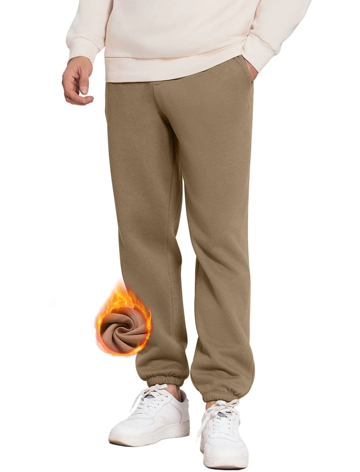 PINSPARK Mens Fleece Sweat Pants Joggers Cuffed Sweatpants Warm Cotton Baggy Sweatpants with Waist Elastic Khaki