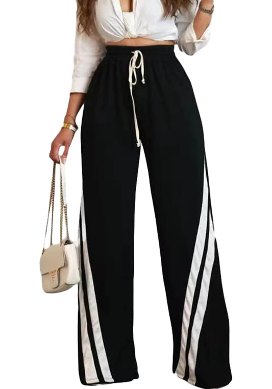 DINGANG High Waisted Casual Sweatpants Women Loose Wide Leg Elastic Waist Drawstring Cargo Striped Sweat Pants Black