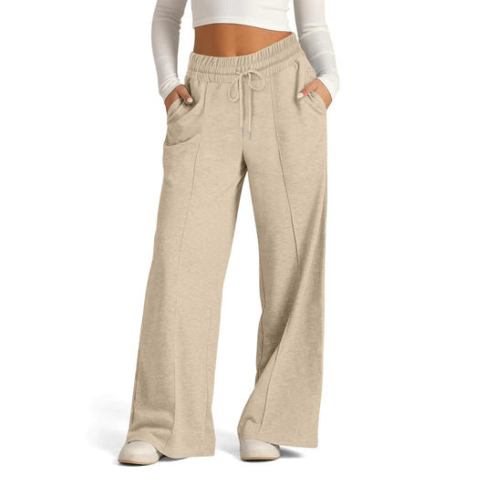 Hvyesh High Waisted Wide Leg Pants for Women Baggy Womens Sweatpants Comfy Cotton Lounge Pants Drawstring Flare Sweat Pants Khaki